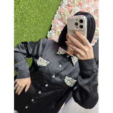 Camicia In Raso Con Perline E Pietre Colorate