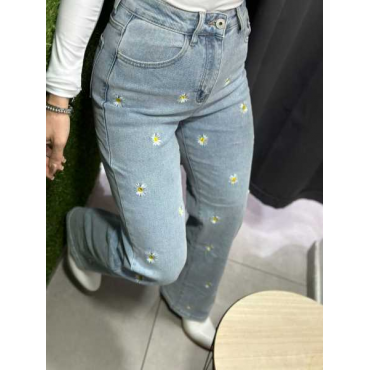 Jeans Palazzo Con Mini Margherite Ricamate