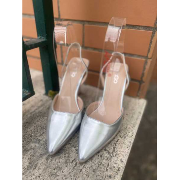 Chanel Argento In Ecopelle Tacco Rocchetto 9 Cm  Forma  Sfilata 