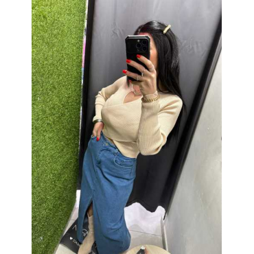 Gonna Longuette In Denim Con Spacco Frontale