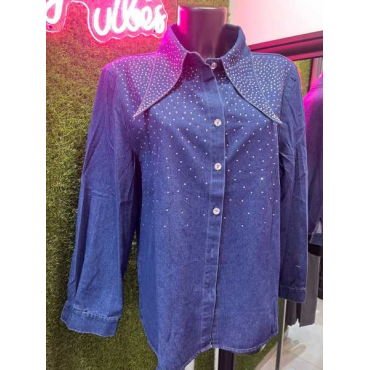 Camicia Denim Con Brillantini Applicati 