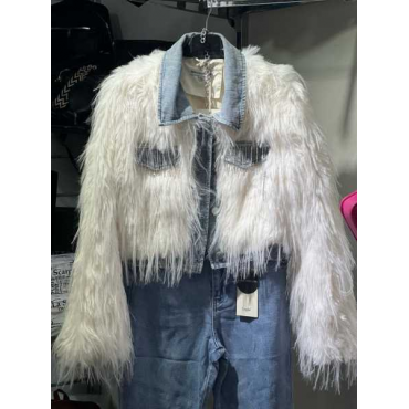 Giubbino Di Jeans Con Pelliccia E Strass Sulle Tasche 