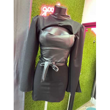 Vestito Tessuto E In Ecopelle Scollo Sukl Seno Manica Co Spacco