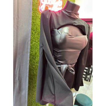 Vestito Tessuto E In Ecopelle Scollo Sukl Seno Manica Co Spacco