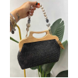 Borsa In Paglia Con Catena Di Perle In Legno Con Chiusura A Baci