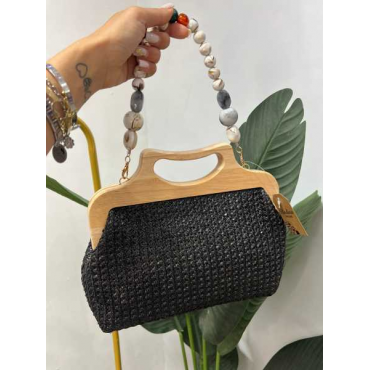 Borsa In Paglia Con Catena Di Perle In Legno Con Chiusura A Baci