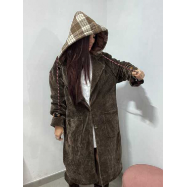 Cappotto Lungo In Velluto A Coste Marrone Con Cappuccio Scozzese