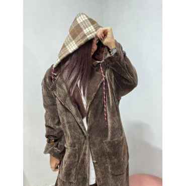 Cappotto Lungo In Velluto A Coste Marrone Con Cappuccio Scozzese