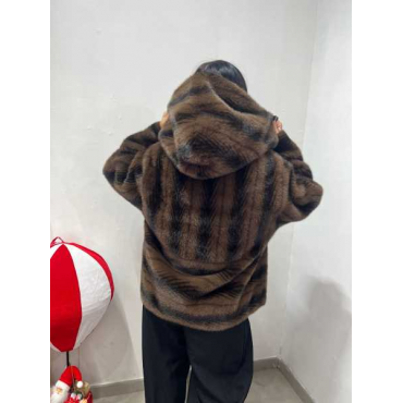 Pelliccia Con Motivo A Spina Di Pesce E Cappuccio