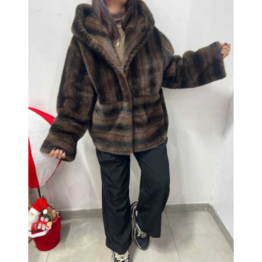 Pelliccia Con Motivo A Spina Di Pesce E Cappuccio