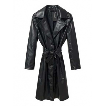 Trench Long In Eco Pelle Con Bottoncini E Cinturino Regolabile.