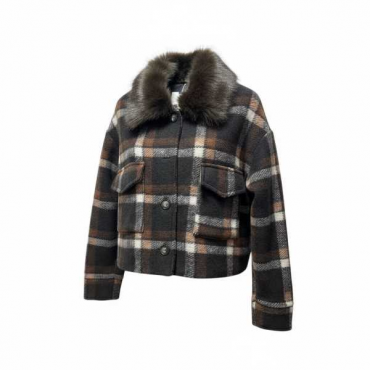 Giacca Corta In Tessuto A Quadri Con Collo In Ecopelliccia E Tas
