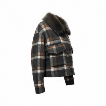 Giacca Corta In Tessuto A Quadri Con Collo In Ecopelliccia E Tas