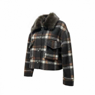 Giacca Corta In Tessuto A Quadri Con Collo In Ecopelliccia E Tas