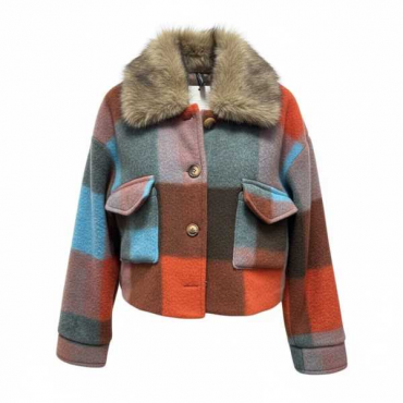 Giacca Corta In Tessuto A Quadri Con Collo In Ecopelliccia E Tas