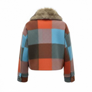 Giacca Corta In Tessuto A Quadri Con Collo In Ecopelliccia E Tas