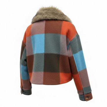 Giacca Corta In Tessuto A Quadri Con Collo In Ecopelliccia E Tas