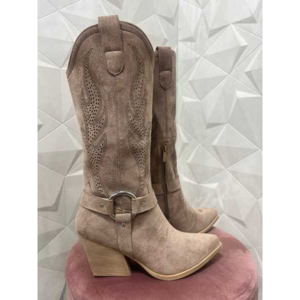 Stivale Camperos Suede Con Intagli Laser E Dettagli Western