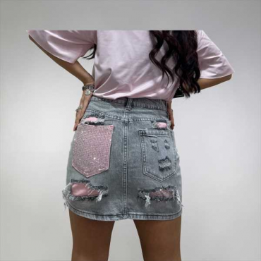 Gonna Di Jeans Distressed Con Dettagli Sparkle E Pink