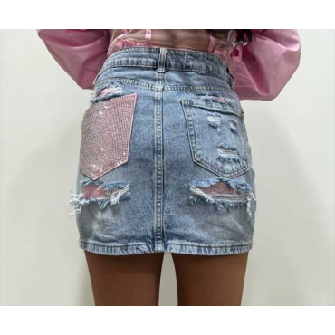 Gonna Di Jeans Distressed Con Dettagli Sparkle E Pink