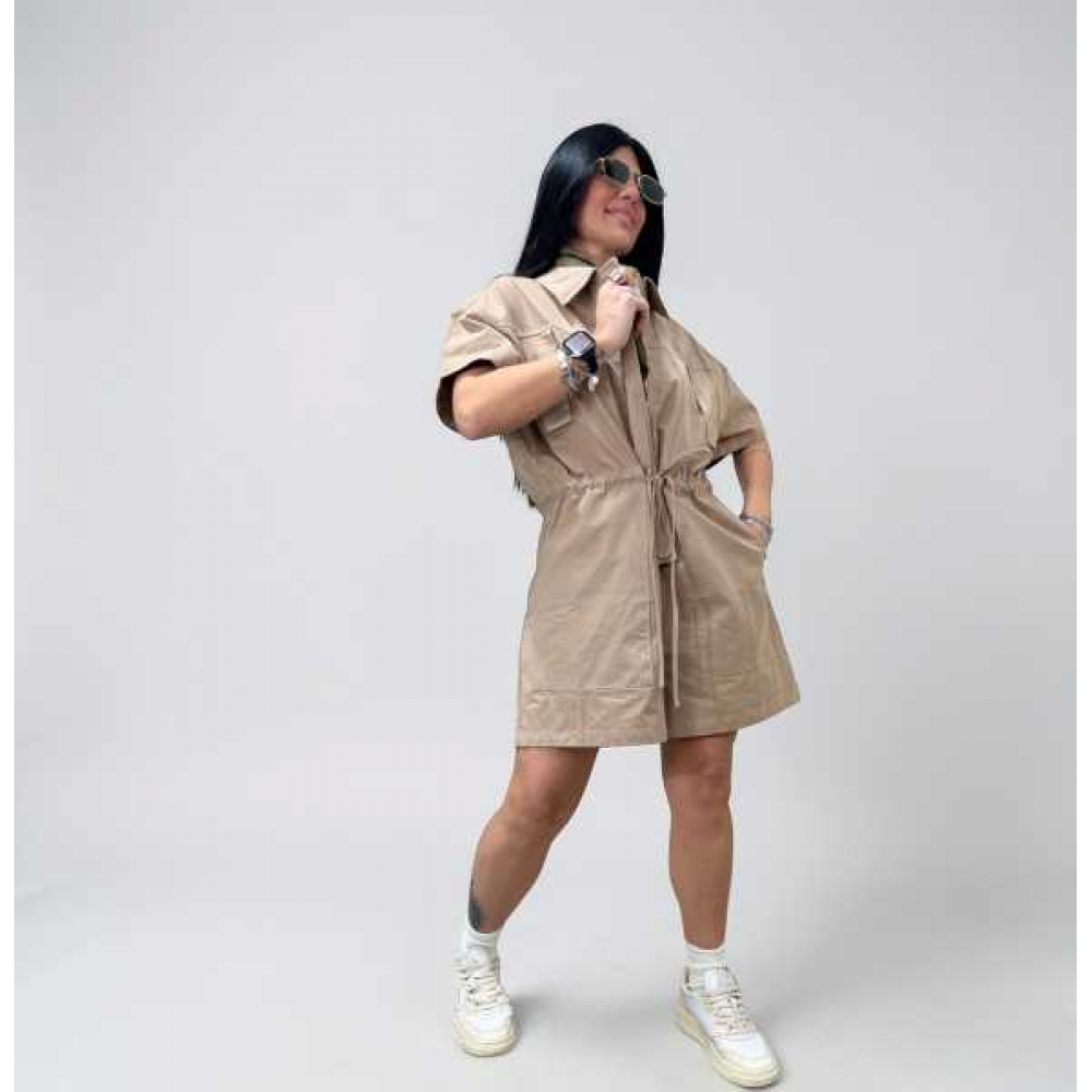 Mini Tuta Polo Maniche A 3/4 Con Cintura In Vita E Tasca Applica