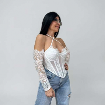 Top Bustino Bianco In Pizzo Con Maniche Lunghe Staccate E Scollo