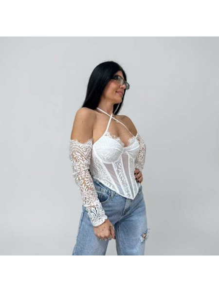 Top Bustino Bianco In Pizzo Con Maniche Lunghe Staccate E Scollo