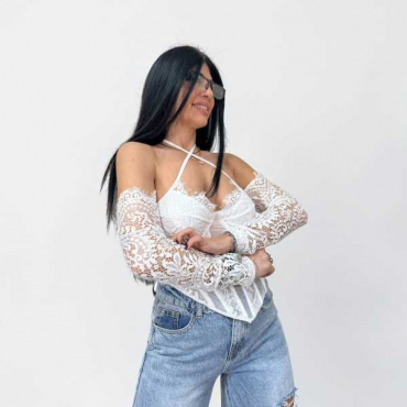 Top Bustino Bianco In Pizzo Con Maniche Lunghe Staccate E Scollo