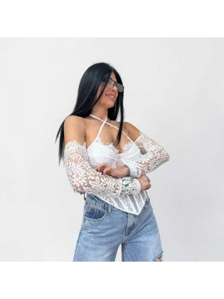 Top Bustino Bianco In Pizzo Con Maniche Lunghe Staccate E Scollo