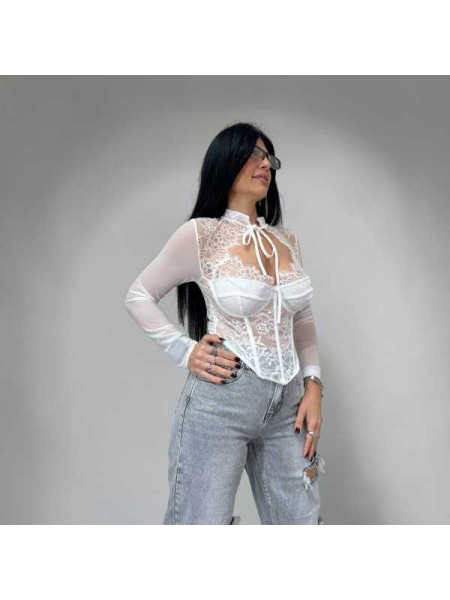 Top A Bustino In Pizzo Bianco Con Maniche Lunghe Trasparenti.