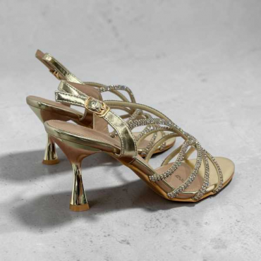Sandalo Gioiello Oro E Argento Strass Donna Con Tacco Quadrato 