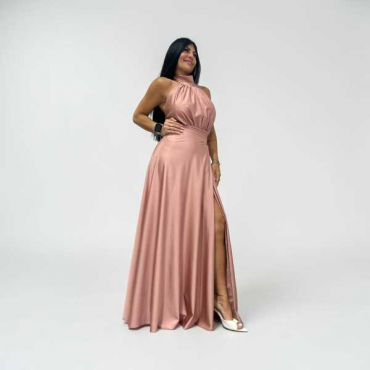 Abito Lungo In Satin Con Scollo All'americana