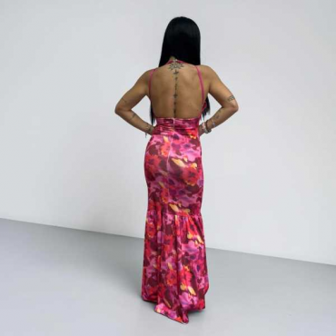 Abito Lungo Satinato Con Scollo All'americana E Cut-Out
