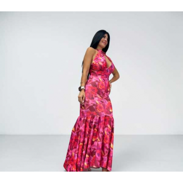 Abito Lungo Satinato Con Scollo All'americana E Cut-Out