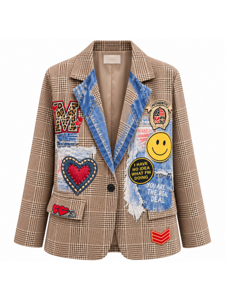 Blazer Donna Check Patchwork Denim & Heart