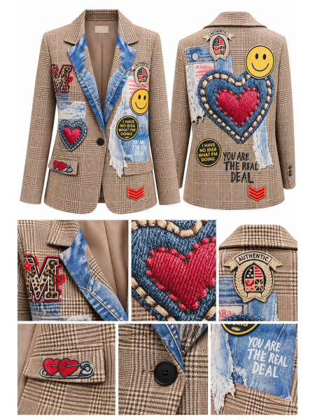 Blazer Donna Check Patchwork Denim & Heart