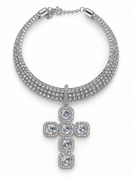 Collana Girocollo Con Strass E Pendente A Croce