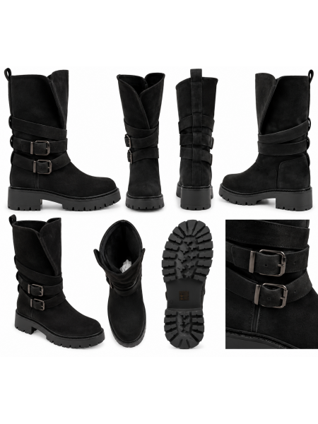 Stivale Donna Biker Con Doppia Fibbia E Suola Carrarmato 