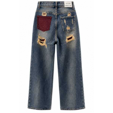 Jeans Wide Leg Con Strappi E Tasca Gioiello Bordo