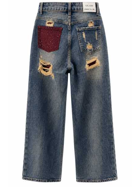 Jeans Wide Leg Con Strappi E Tasca Gioiello Bordo