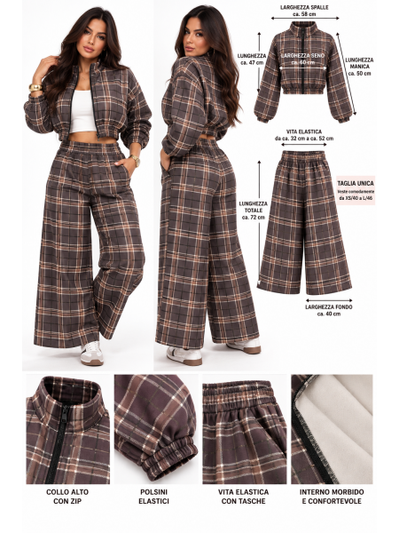 Coordinato Donna Tartan – Giacca Crop + Pantalone Palazzo