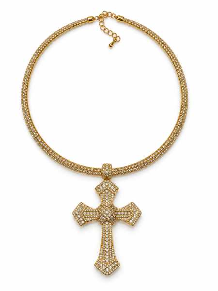 Collana Girocollo Con Croce E Strass – Oro E Argento