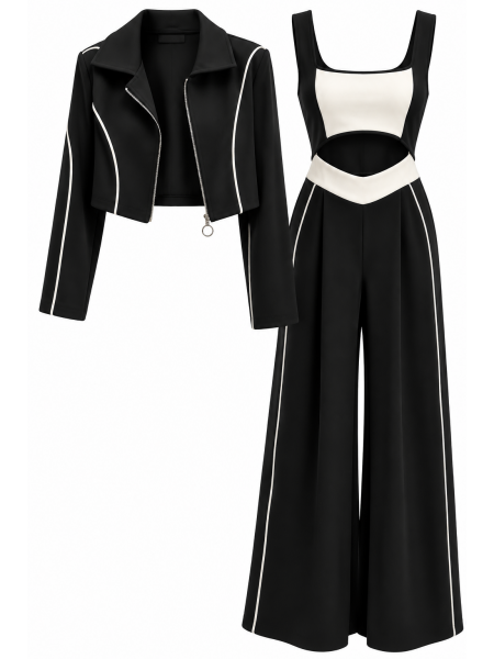Coordinato Donna 2 Pezzi Contrast Con Giacca Crop E Pantalone Pa