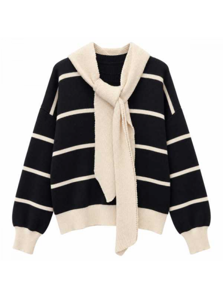 Maglione Donna A Righe Con Sciarpa Incorporata 