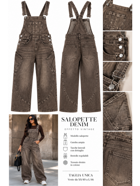 Salopette Donna In Denim Marrone Vintage – Gamba Larga Stile Car