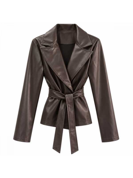 Giacca Effetto Pelle Con Cintura E Maxi Revers