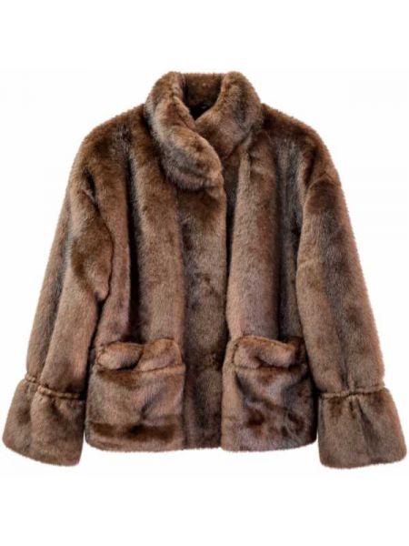 Giacca Effetto Pelliccia Marrone Con Tasche