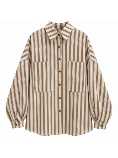 Camicia Oversize A Righe Panna E Marrone Con Maxi Tasche