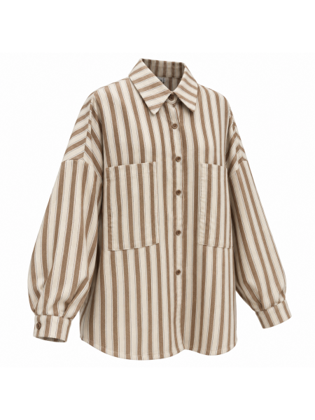 Camicia Oversize A Righe Panna E Marrone Con Maxi Tasche